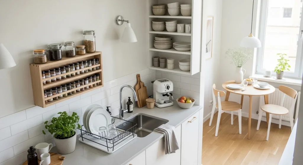 Modern kitchen with organized shelves.