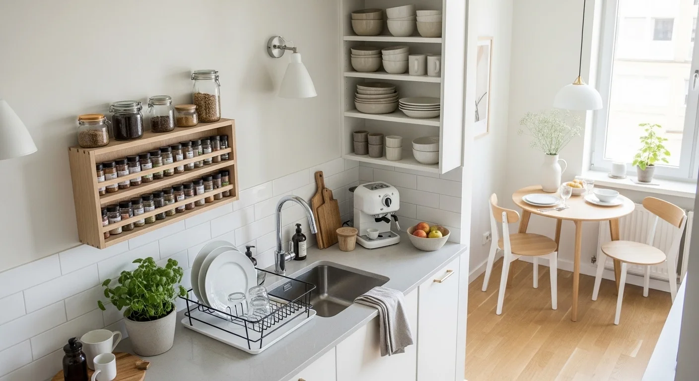 Modern kitchen with organized shelves.