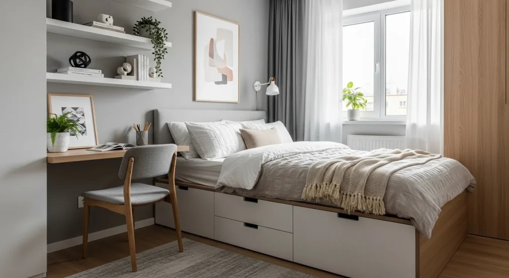 small apartment bedroom storage ideas in modern minimalist bedroom