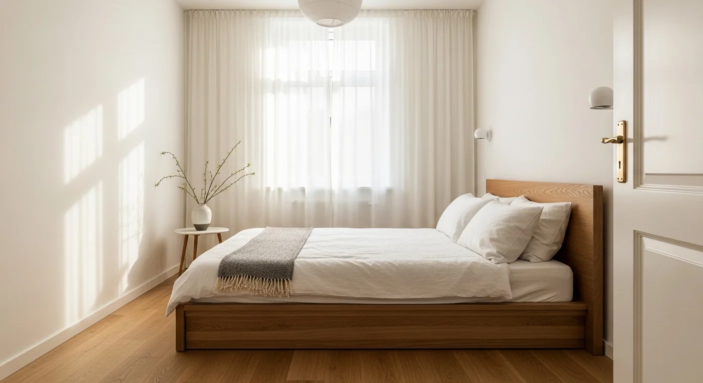 minimalist small apartment bedroom with natural wood and soft neutral tones