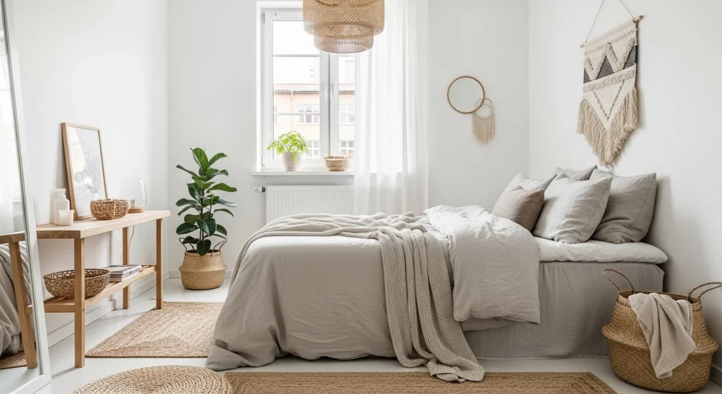 Scandinavian small apartment bedroom with white walls and light wood furniture
