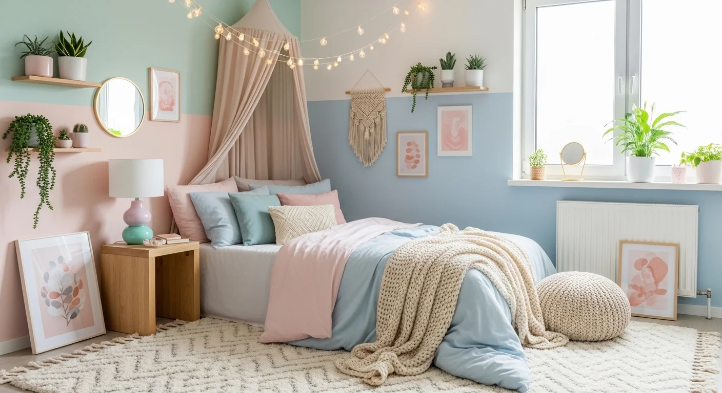 cute small apartment bedroom with pastel bedding and fairy lights