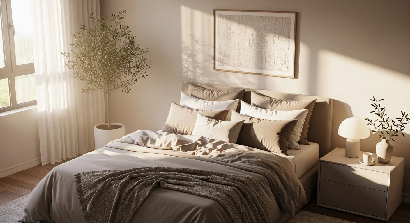 minimalist small apartment bedroom with neutral decor