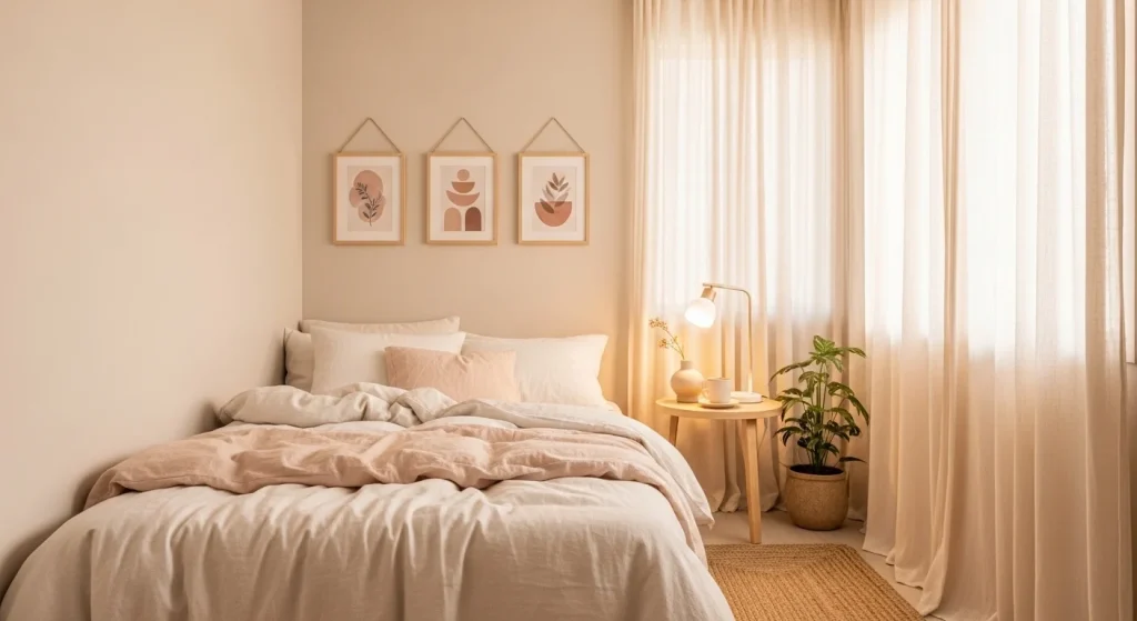 small apartment bedroom ideas for women with soft neutral decor