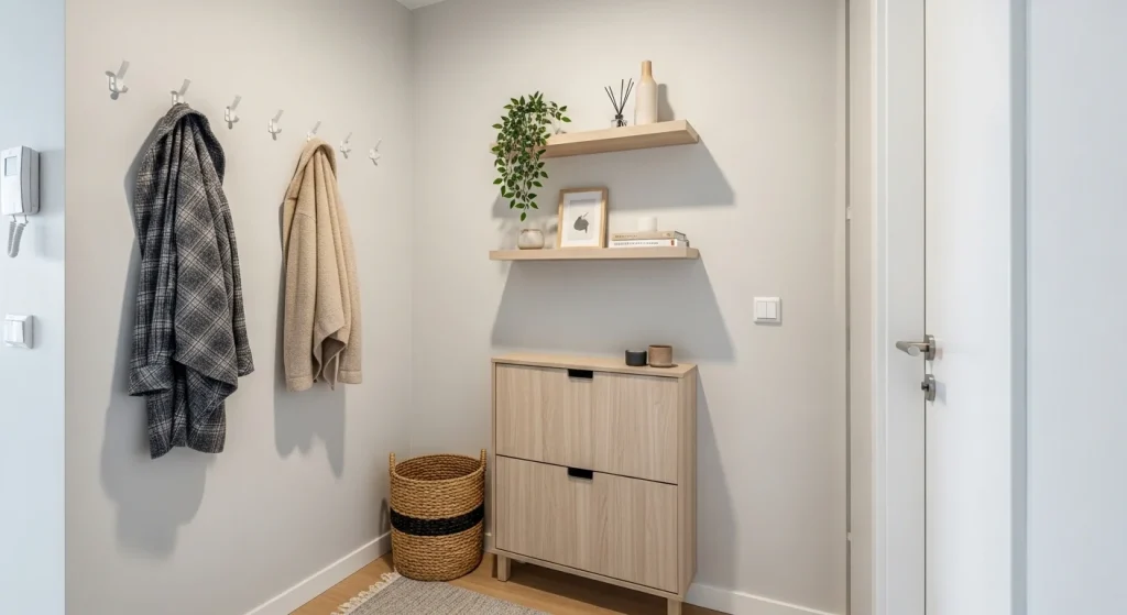 small apartment entryway storage ideas with wall hooks and shoe cabinet