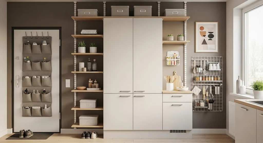 Floor to ceiling shelving small apartment