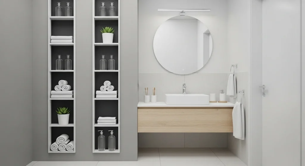 Vertical shelves for small bathroom storage