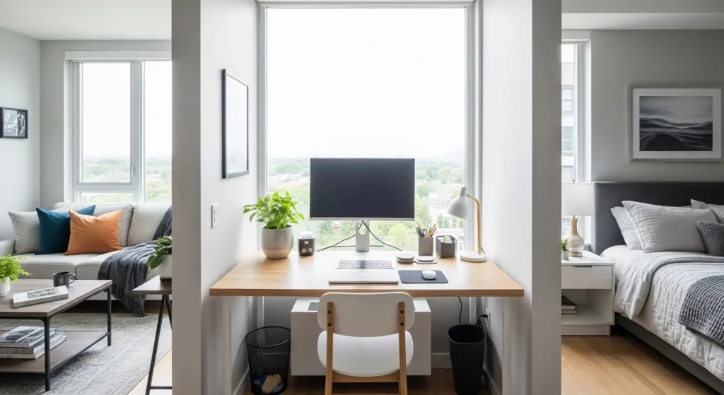 Window desk setup apartment