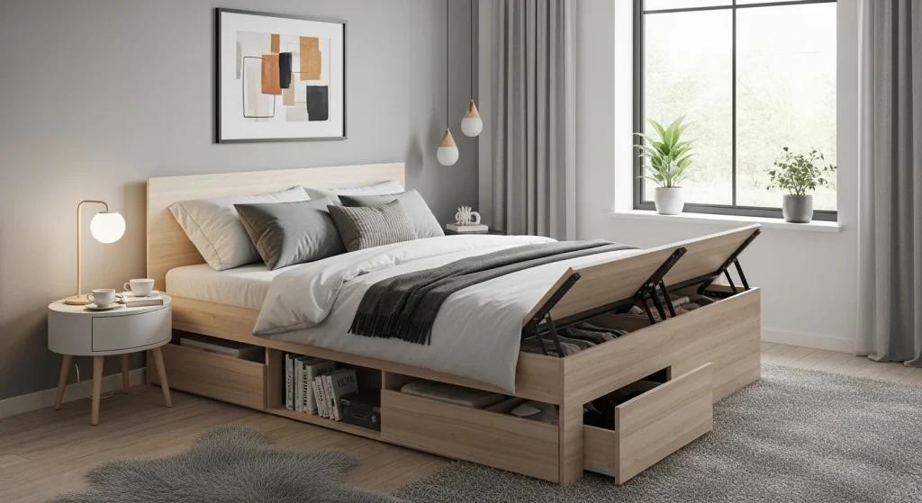Bed with hidden storage for small apartment