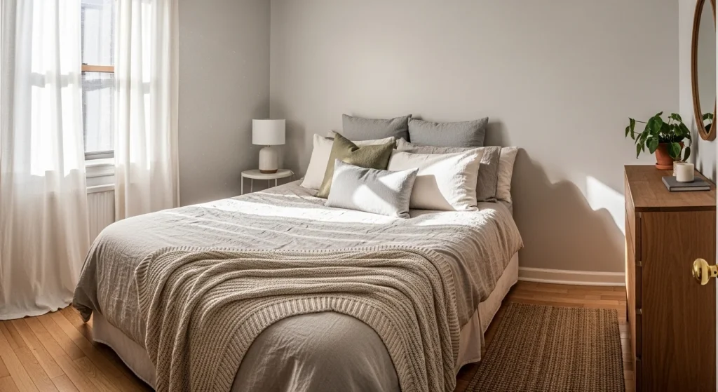 Neutral bed styling cozy

