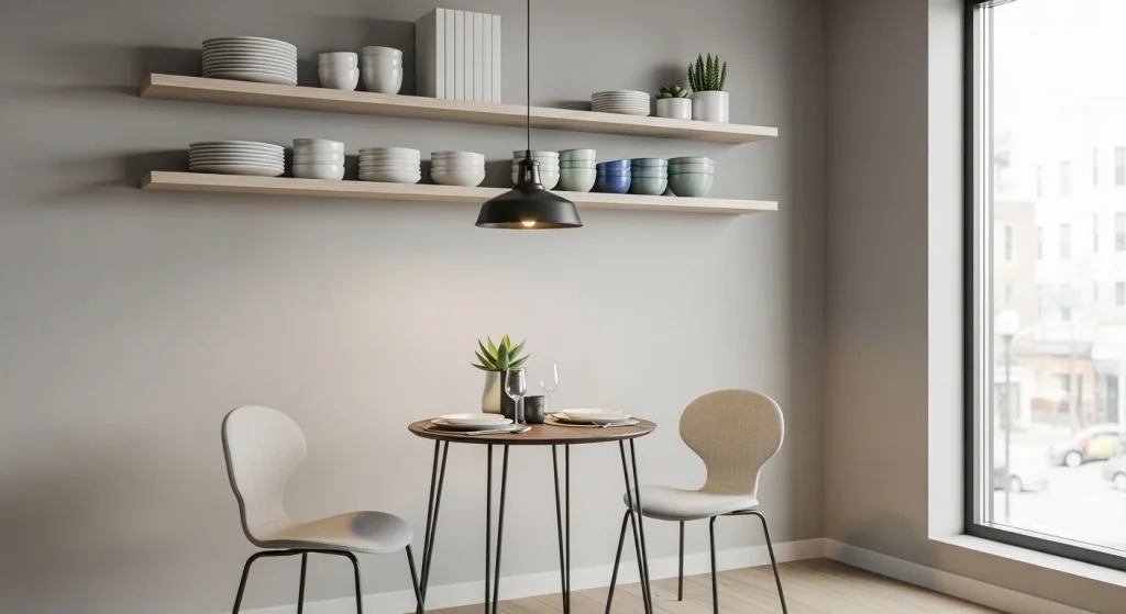 Floating shelves dining area