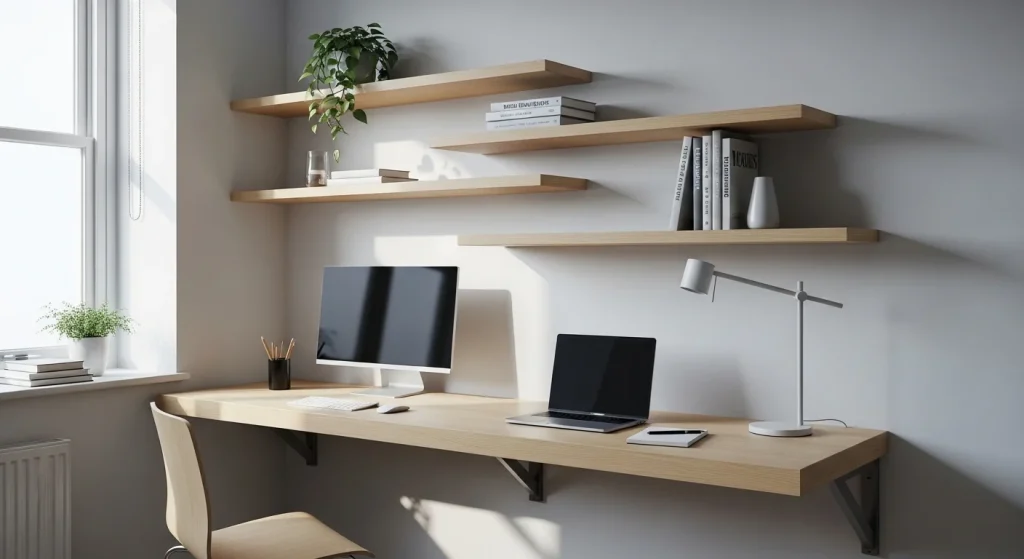 Wall mounted desk vertical storage