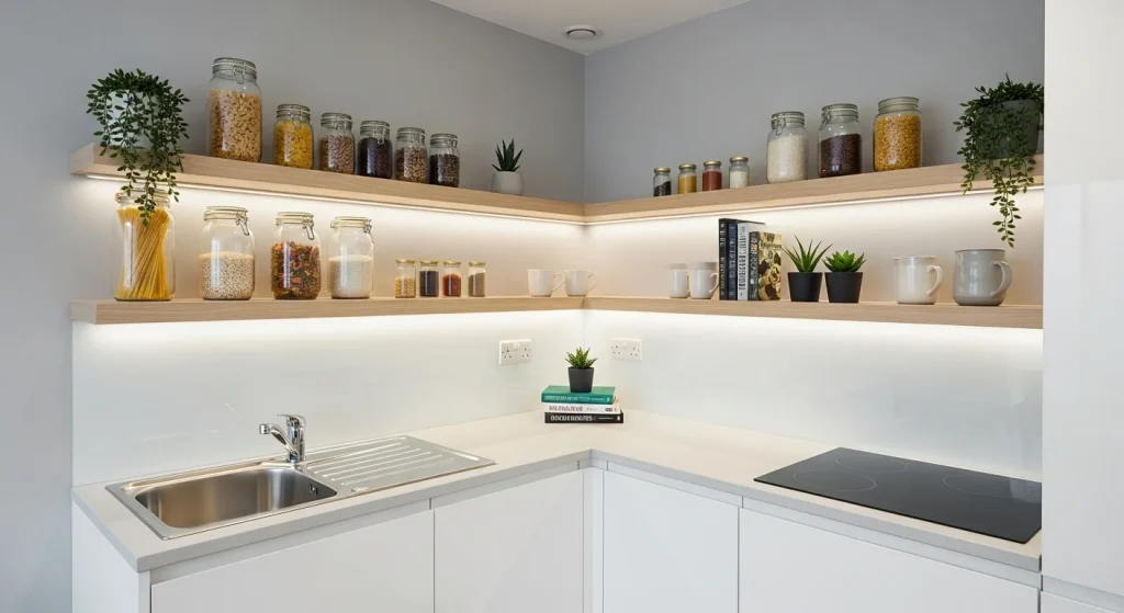 Floating corner shelf kitchen