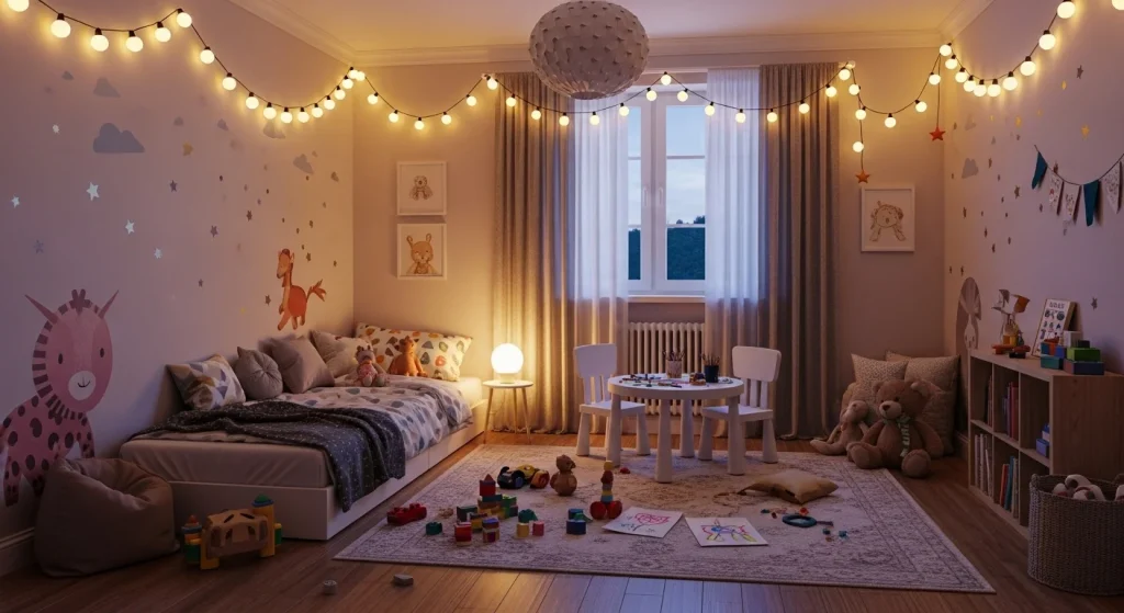  Kids string light cozy room
