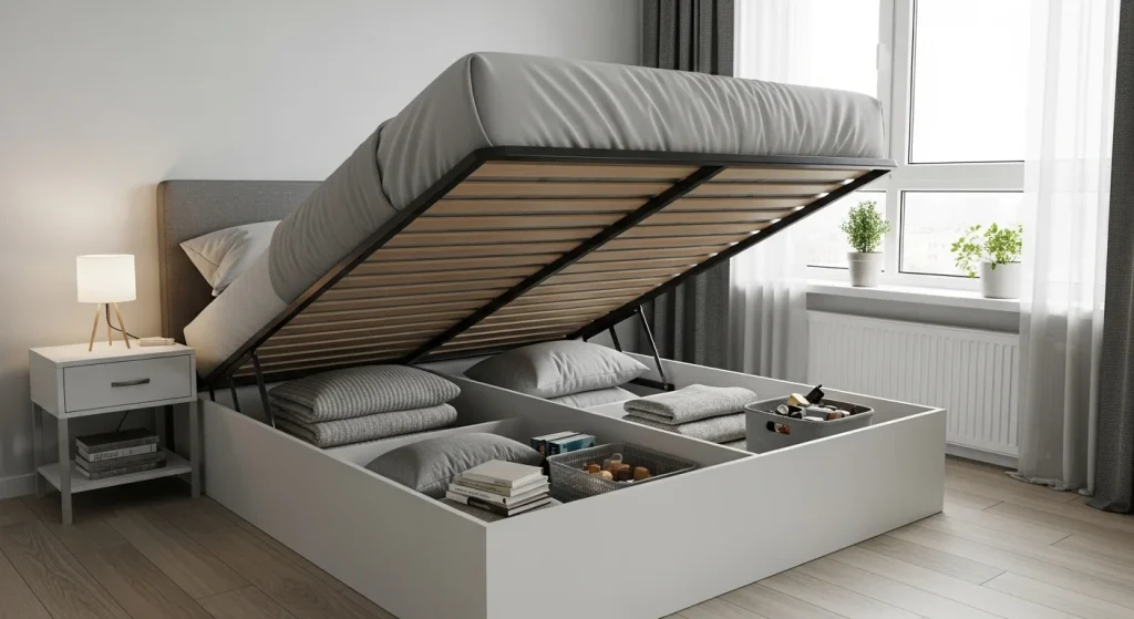 Lift up bed hidden storage idea