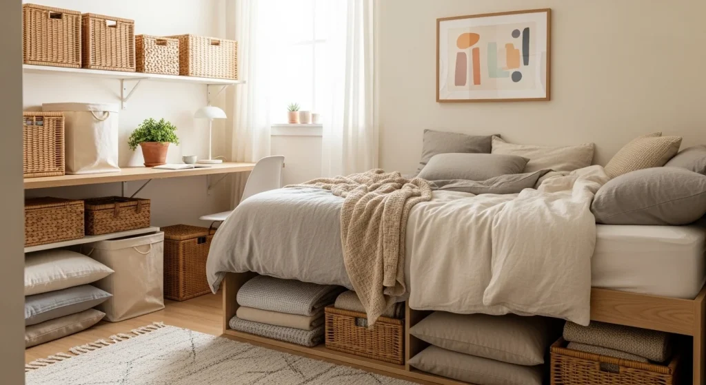 Storage baskets for small bedroom organization