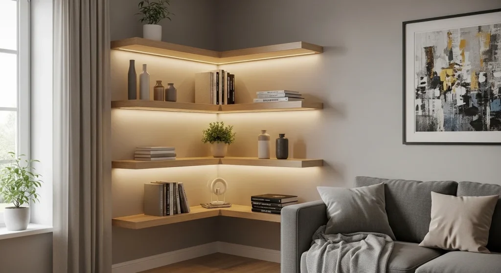 Corner shelves vertical storage