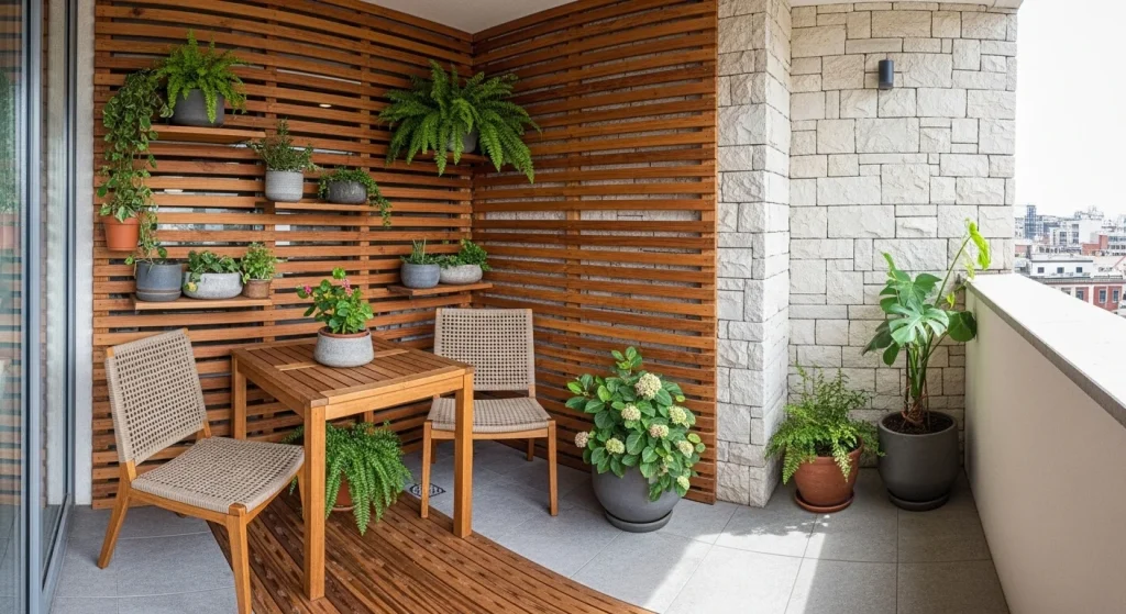 Natural material balcony corner
