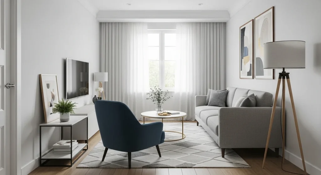 Floating furniture layout in small living room
