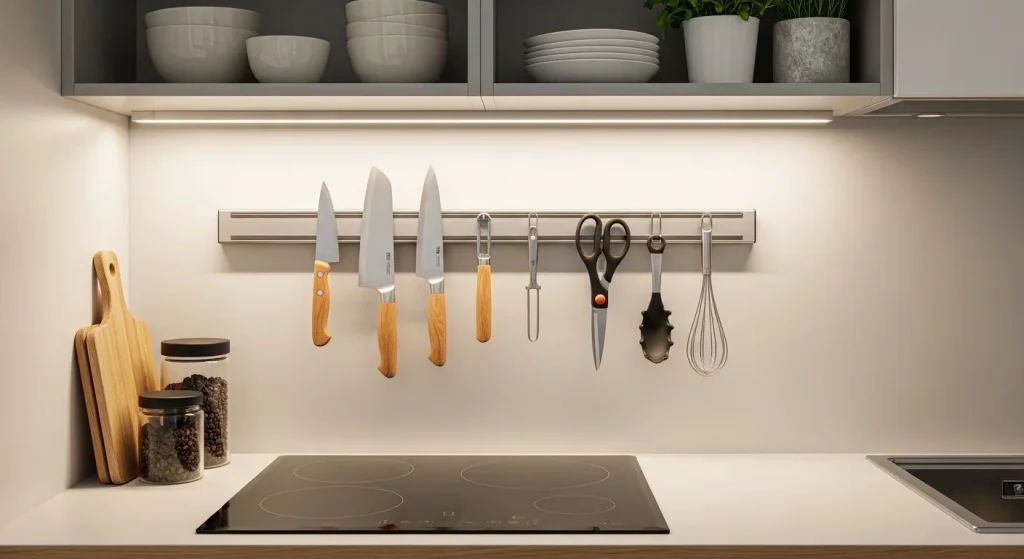 Magnetic strip vertical storage idea