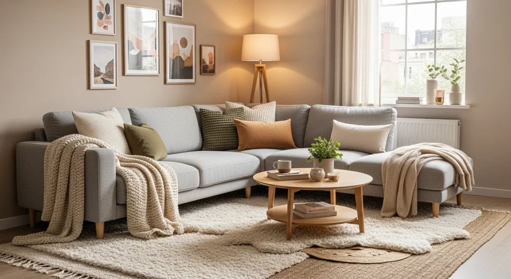 Rug layered sofa corner