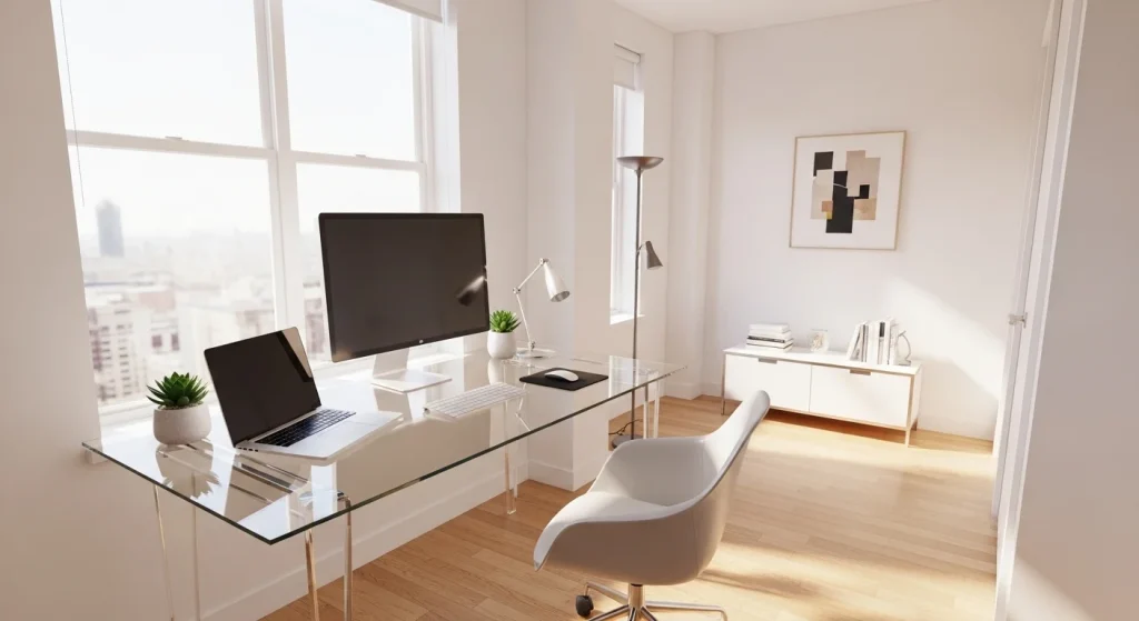 Glass desk setup aesthetic