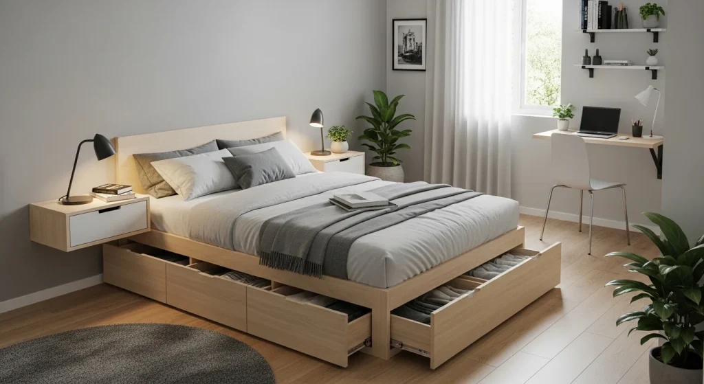 Bed with storage drawers for small apartment
