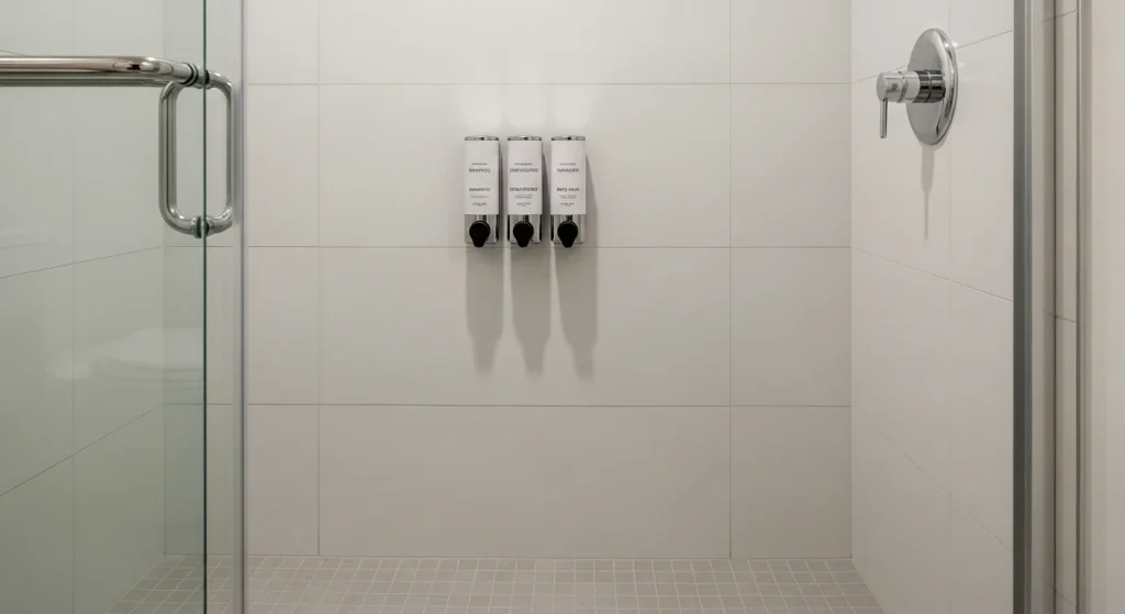 Wall mounted dispensers for bathroom storage