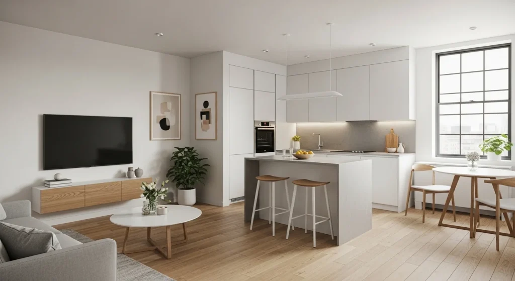 Consistent flooring for small living room
