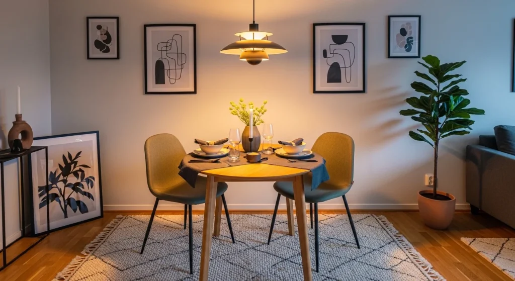 Warm lighting dining space small apartment
