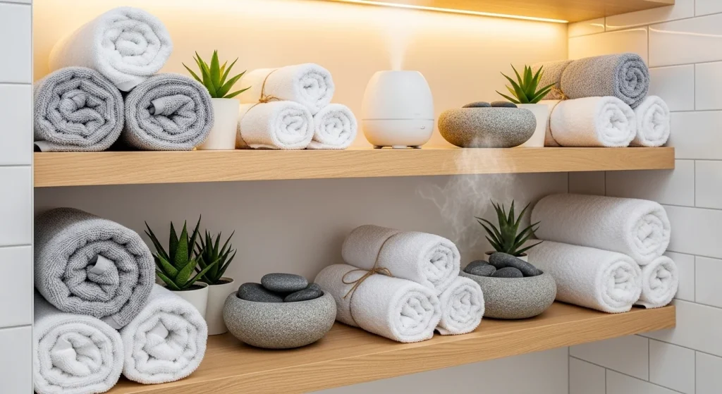 Rolled towels for space saving bathroom storage
