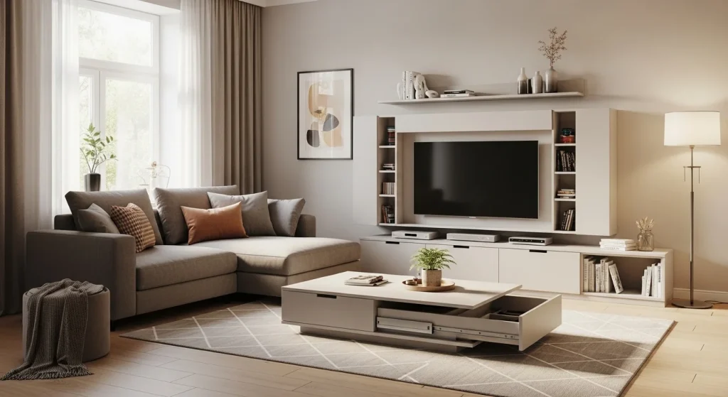 Hidden storage in small living room
