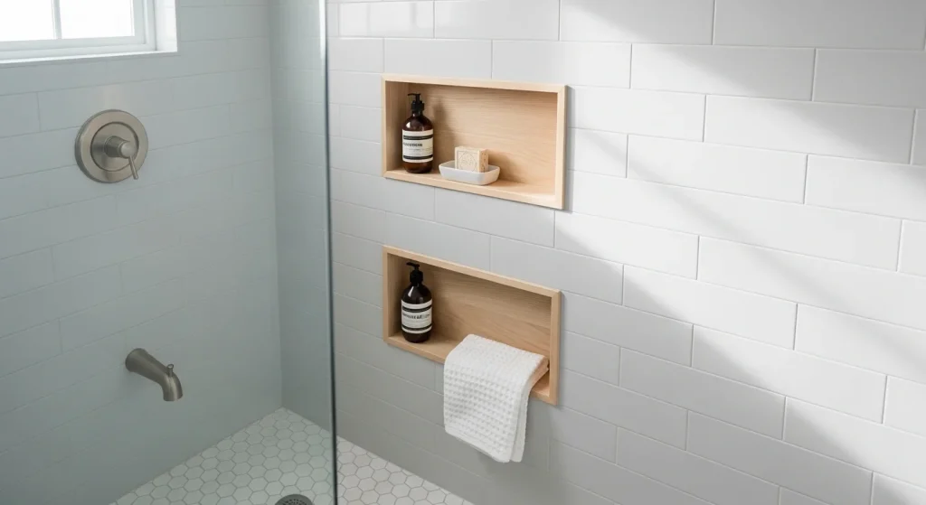 Shower shelves for bathroom organization