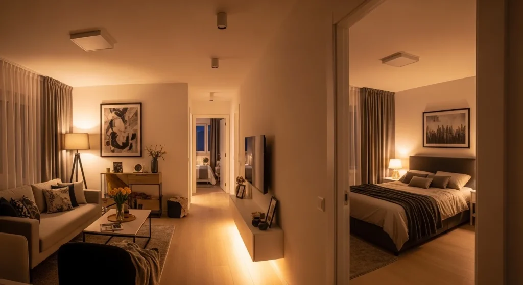 Layered lighting apartment decor
