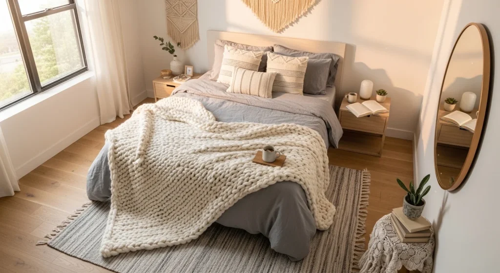 Throw blanket bed styling
