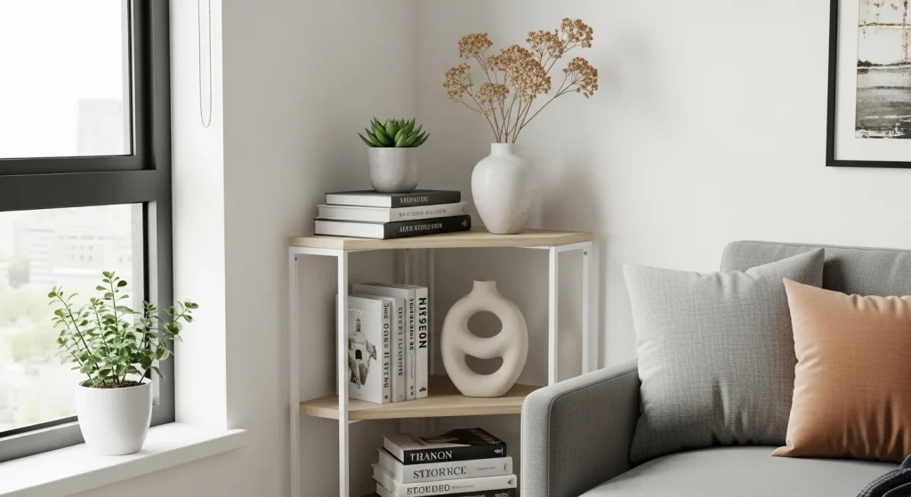 Corner shelf living room idea
