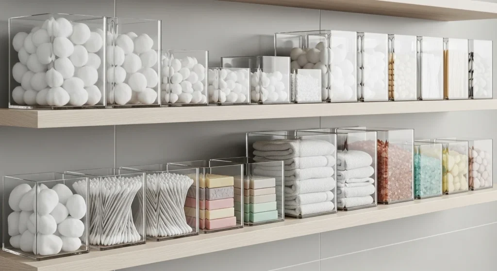 Clear containers for bathroom organization