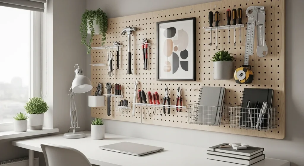 Pegboard vertical storage idea