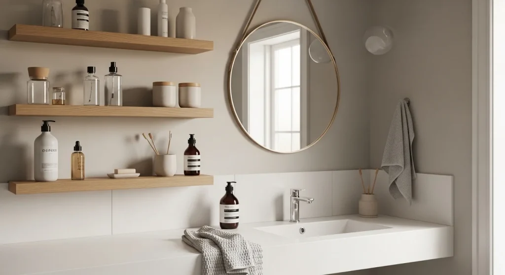 Floating shelves in small bathroom