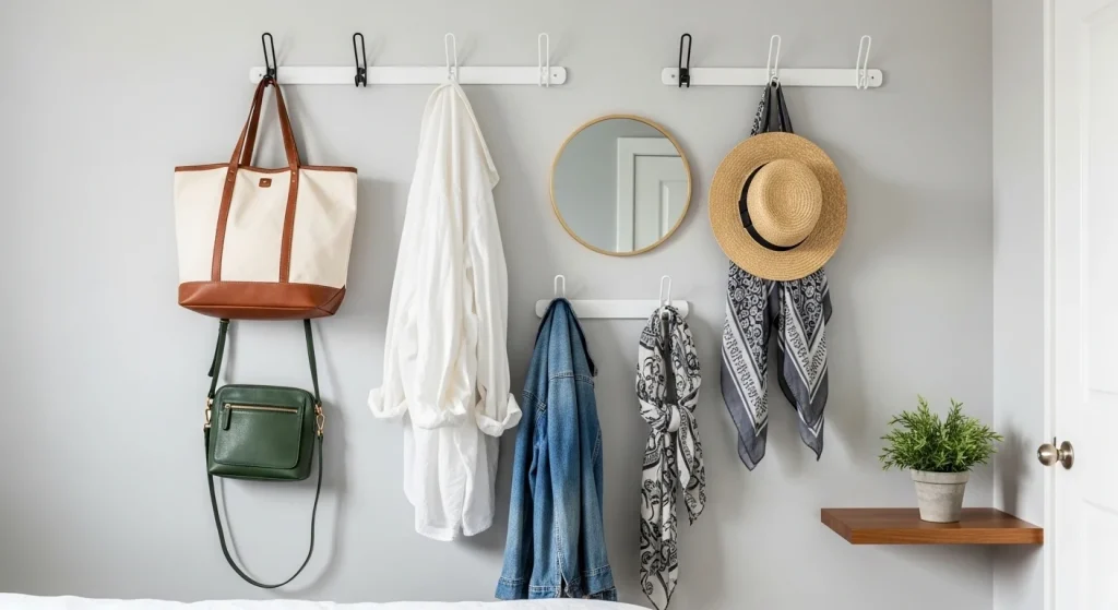 Hooks for small bedroom storage