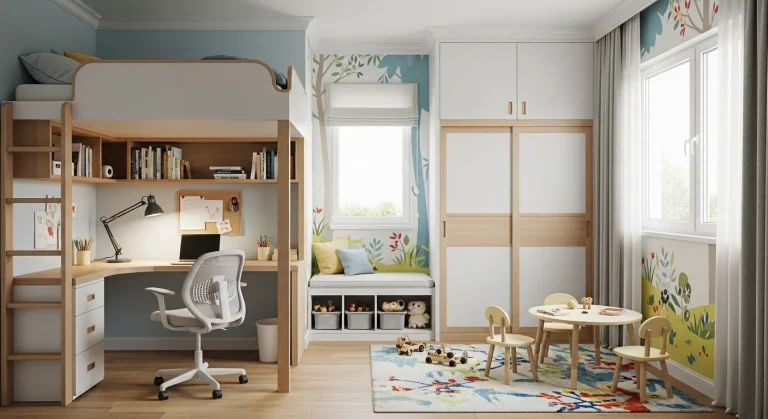 Clever Kids Room Layout Combining Sleep, Play, and Study Areas