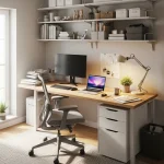 Pinterest-style collage of 3 small apartment workspace ideas, stylish desk setup, compact study corner, floating shelf office nook, bright clean interiors, beige white and light wood palette, balanced collage grid layout. Add centered Pinterest-style text: 15 Small Apartment Workspace Ideas You Will Actually Want to Use