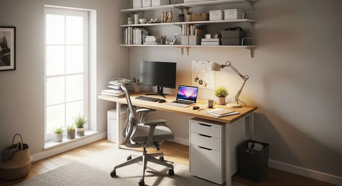 Pinterest-style collage of 3 small apartment workspace ideas, stylish desk setup, compact study corner, floating shelf office nook, bright clean interiors, beige white and light wood palette, balanced collage grid layout. Add centered Pinterest-style text: 15 Small Apartment Workspace Ideas You Will Actually Want to Use