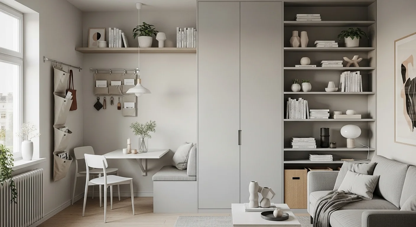 Floor to ceiling shelving small apartment